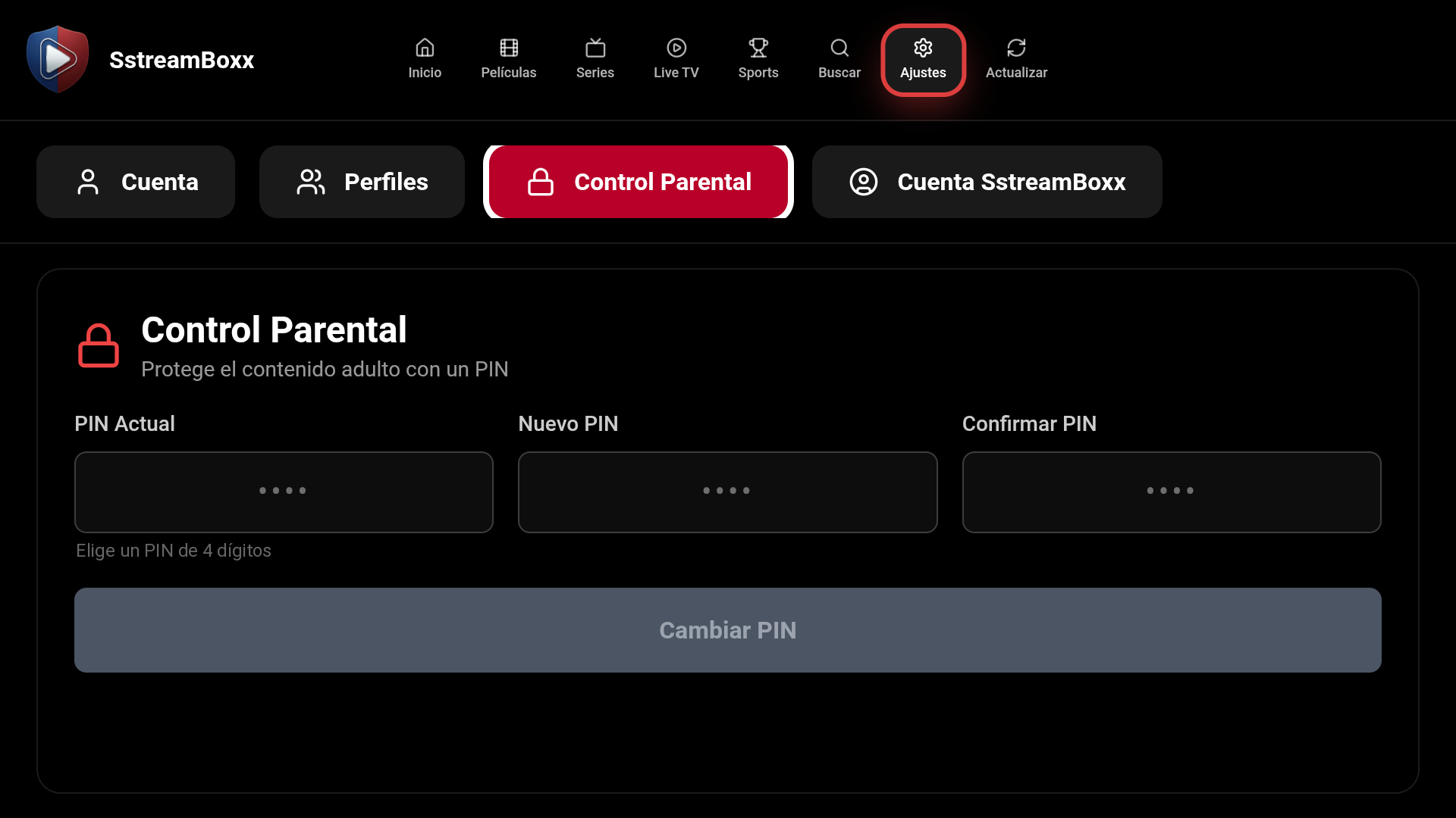 SstreamBoxx — Control parental con PIN